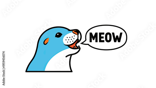 A cartoon creature with blue head and orange ears says "MEOW" in a speech bubble