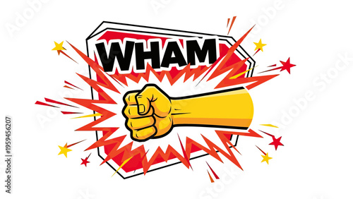 Comic book style image of a fist bursting from a "WHAM" text bubble with star explosions