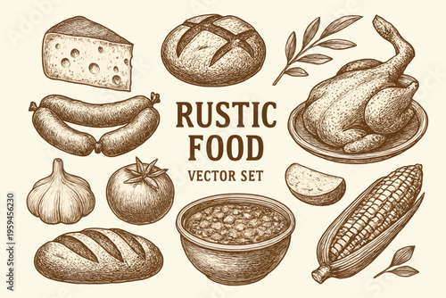 Set of rustic food, featuring chicken, cheese, sausage, and bread. Perfect for food businesses wanting a cozy, traditional look.