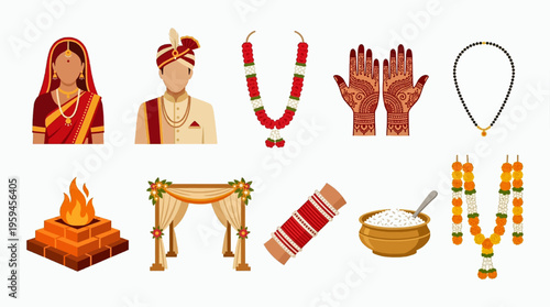 Indian Wedding Elements Vector Set Bride Groom Ritual Icons