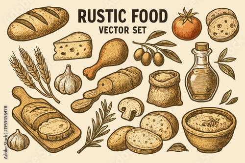 Set of bread, cheese, olive oil, and garlic for gourmet food branding. Ideal for food blogs, restaurant menus, and culinary advertisements.