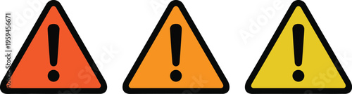 A set of three triangular warning icons featuring exclamation marks in different shades of orange Vector