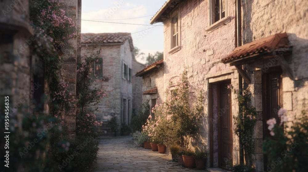 Fototapeta premium Narrow cobblestone street in an old stone village. the street is lined with old stone buildings on both sides, with a row of potted plants and flowers on the left side.