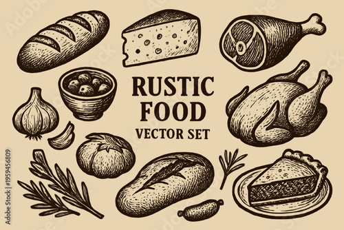 Set with sketched rustic food elements for design projects. Ideal for restaurant branding, food blogs, and culinary businesses.