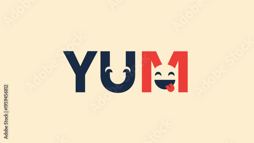 The word "YUM" displayed with a happy face, using font, on a cream background