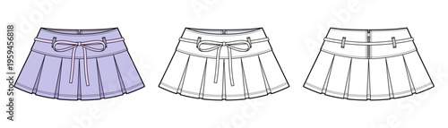 Pleated Mini Skirt with Ribbon Belt Loop Detail Technical Fashion Illustration. High Waist A-Line Skirt Vector Template. Front View Variations. Women’s Apparel CAD Mockup Set