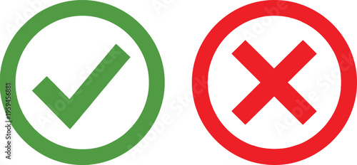 A green check mark and a red cross symbol representing correct and incorrect choices on white Vector