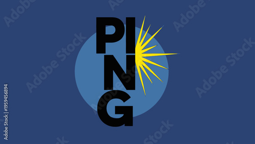Bold text "PING" in black within a blue circle, with a yellow burst on a dark blue background