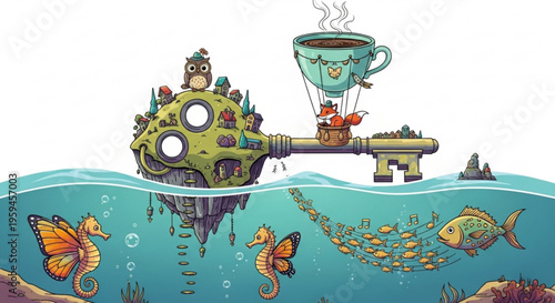Whimsical underwater scene with steampunk key sea creatures and hot air balloon coffee cup