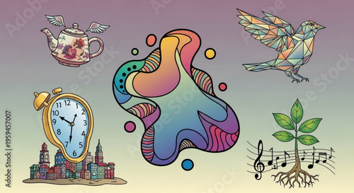 Vibrant surreal illustration of dreamlike symbols and objects in colorful gradient background