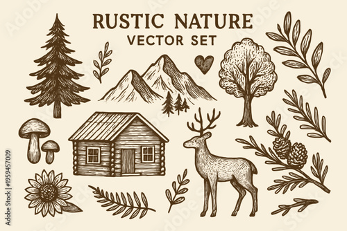 Set with rustic nature icons for design projects. Ideal for outdoor brands, ecofriendly businesses, and naturethemed marketing materials.