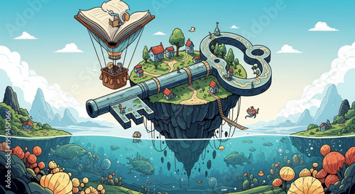 Fantasy island with giant key and book on hot air balloon floating above water with lush vegetation and mountains in background symbolizing adventure and discovery