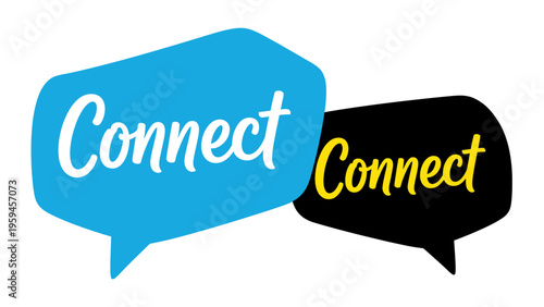 Two speech bubbles, one blue with white text and one black with yellow text