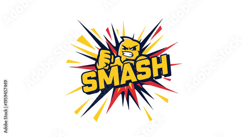 A stylized illustration with a yellow, angry character, fist raised, "SMASH" text with burst effect