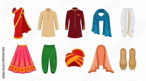 Indian Traditional Clothing Vector Set Saree Sherwani Lehenga