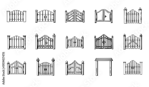 Garden fence gate icons entrance structure vector set