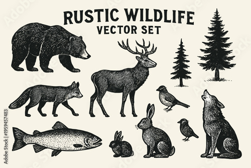 Delightful forest animals and trees designed for logos. Versatile and charming illustrations for naturethemed branding and marketing materials.