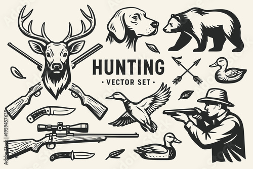 Set of hunting logo designs with wildlife and tools perfect for outdoors, hunting, sports, and adventurethemed branding projects.