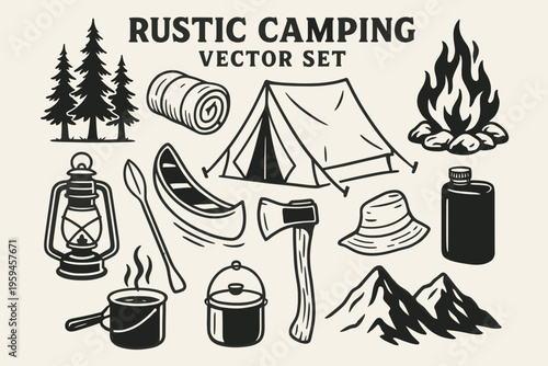 Set of rustic camping design elements perfect for creating outdoor recreation logos, emblems, and inspiration for adventurous projects.