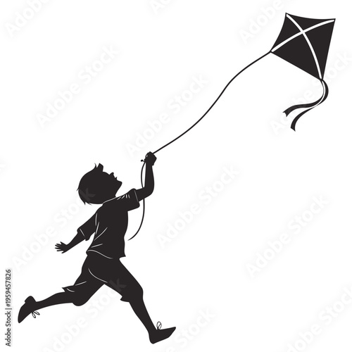 Silhouette of a joyful boy running and flying a kite