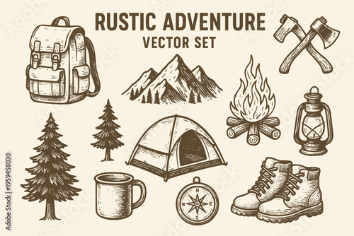 Versatile set of rustic adventure camping logo sketches, perfect for outdoor brands seeking a charming and appealing design resource.