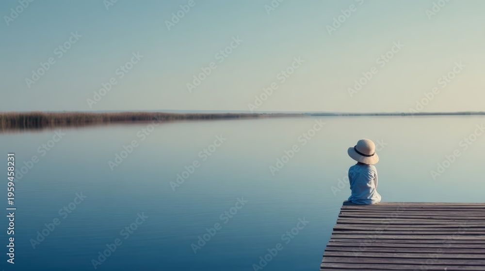 Naklejka premium Child relaxing on wooden pier looking at calm lake summer travel concept