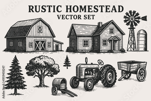 Nostalgic logo set depicting vintage farm scenes with barns, tractors. Suitable for agricultural businesses, ruralthemed brands, and farmer markets.