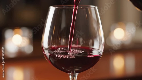 Pouring red wine into a glass in a dimly lit restaurant with soft bokeh lights.