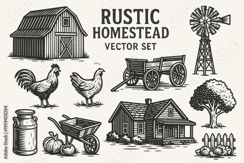 Set of rustic farmthemed elements including barn, windmill, animals, vegetables. Perfect for logos, branding, and agriculturerelated designs.