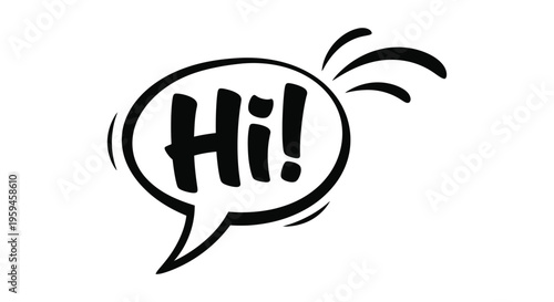 Black and white vector graphic illustration featuring a stylized speech bubble saying "Hi!"
