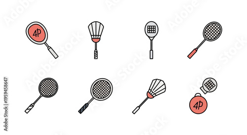 Collection of Badminton Rackets and Shuttlecocks for Recreational Sports and Athletic Competition on White Background
