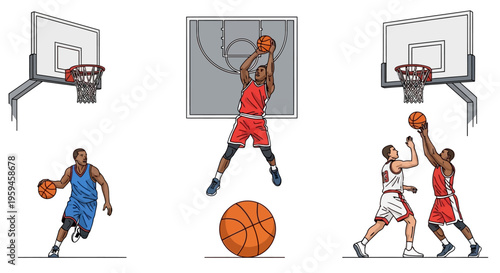 Athletes Play Basketball Game With Ball Hoops and Court Elements Demonstrating Sport Competition and Skillful Moves