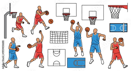 Collection of Basketball Players in Action with Hoops and Court Elements Digital Artwork for Sports Concepts