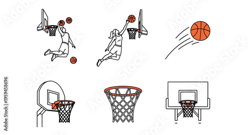 Collection of simple line drawings depicting basketball players making shots and basketball hoops with balls in motion on a white background