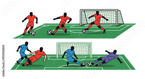 Athletes Competing In A Soccer Match Showing Various Poses And Actions On A Green Field With Goalposts