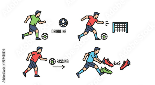 Soccer Player Demonstrating Dribbling Passing Shooting And Equipment Maintenance Techniques For Sport And Recreation Activities