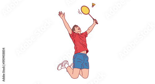 Man jumping in air hitting shuttlecock with racket during a game of badminton sport activity on white background