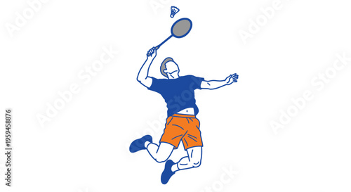 Athlete performs a powerful overhead smash shot during a competitive badminton match jumping high to strike the shuttlecock with a racket