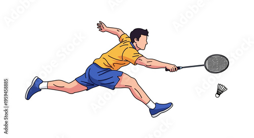 Active male athlete performs a powerful forward lunge to hit a shuttlecock during a competitive badminton match on a white background