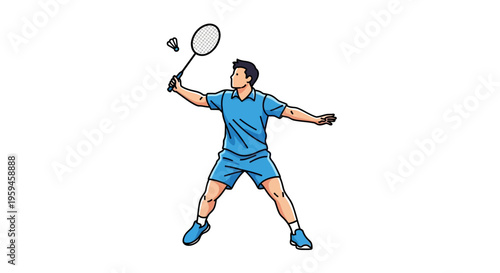 Athletic Man Playing Badminton Sport Striking Shuttlecock With Racquet During Match Competition Active Lifestyle Healthy Hobby Exercise Activity