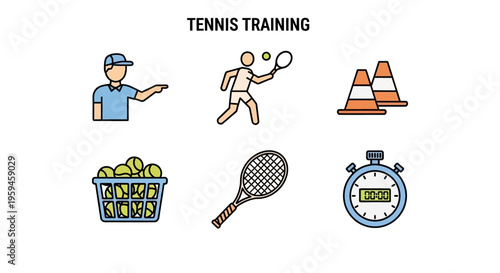 Collection of tennis training elements including coach player racket balls cones stopwatch and basket on white background for sport concept design