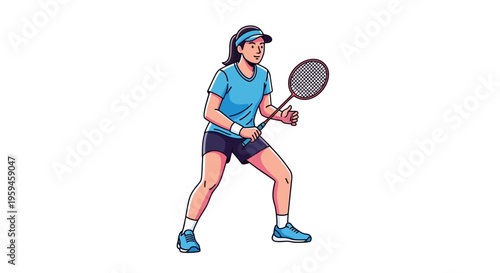 Athletic Female Playing Badminton Sport Game With Racquet Ready To Serve Focused Competition Action