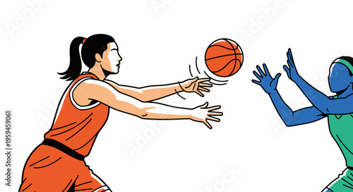 Female athletes playing basketball game tossing ball on court during sports competition athletic contest active people teamwork strategy engagement