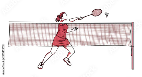 Athlete Playing Badminton With Shuttlecock Over Net In Athletic Stance Ready To Strike And Score Points In Competitive Sports Game