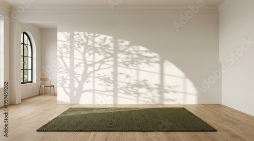 Minimalist empty interior with light wood flooring, a green rug, and natural tree shadows on a white wall