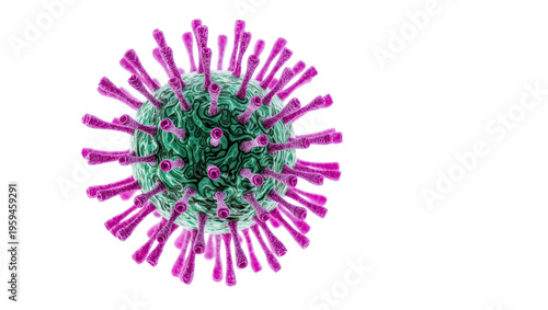 High-resolution 3D rendering of a virus particle with green core and magenta spike proteins