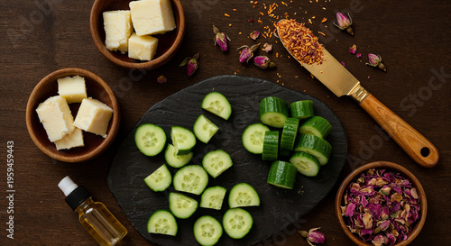 top with of wooden cutting desk with cut cucumber cubes, and various ingredients for cosmetics