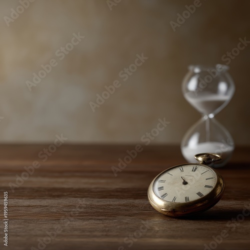 Antique pocket watch and hourglass on wooden table time management concept