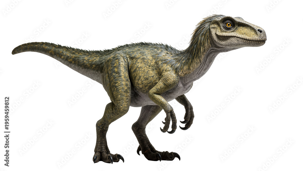 Obraz premium Impressive realistic feathered raptor dinosaur creature isolated for prehistoric themes