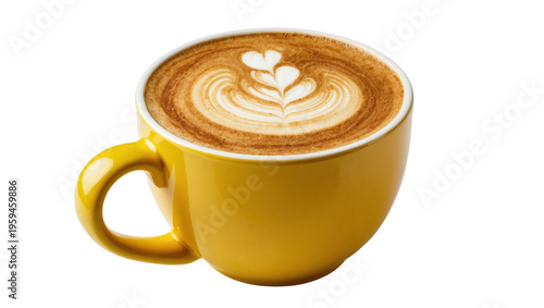 Delicious hot latte with beautiful heart-shaped latte art in a vibrant yellow ceramic mug